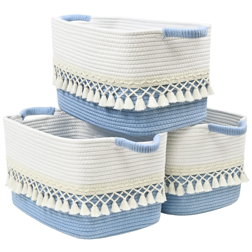 Degeyoyo 3pack storage baskets with tassels enhance shelf organization and decor.