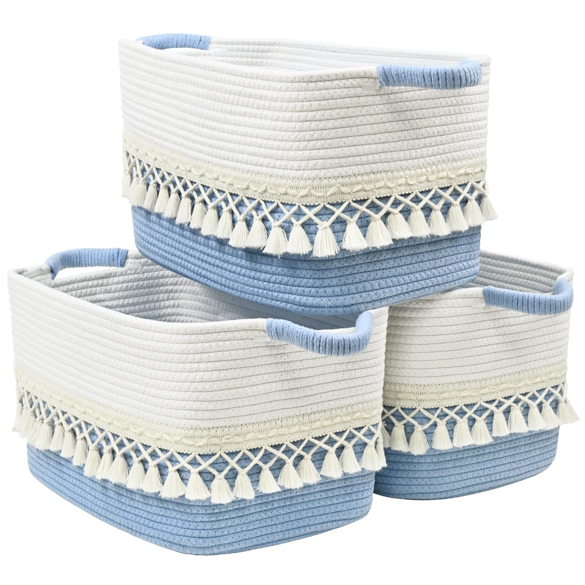 Degeyoyo 3pack storage baskets with tassels enhance shelf organization and decor.