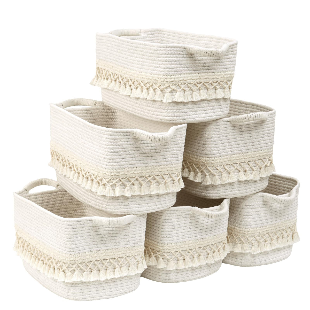 Degeyoyo six-pack storage basket tassel detail for stylish shelf organization