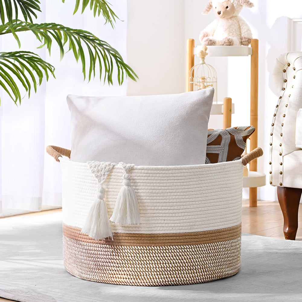 Degeyoyo 67L blanket basket in living room stores blankets and protects floors.