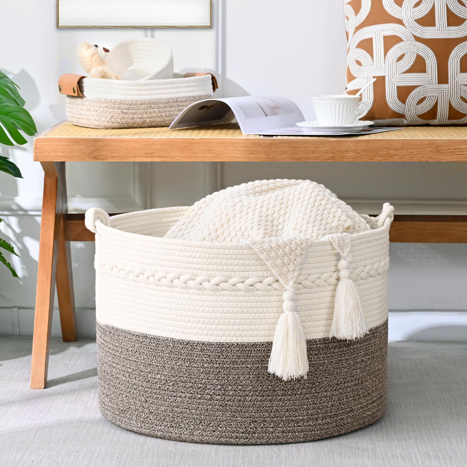 Degeyoyo 67L blanket basket in living room complements neutral decor.