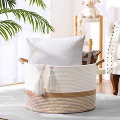 Degeyoyo 67L blanket basket in living room stores blankets and protects floors.