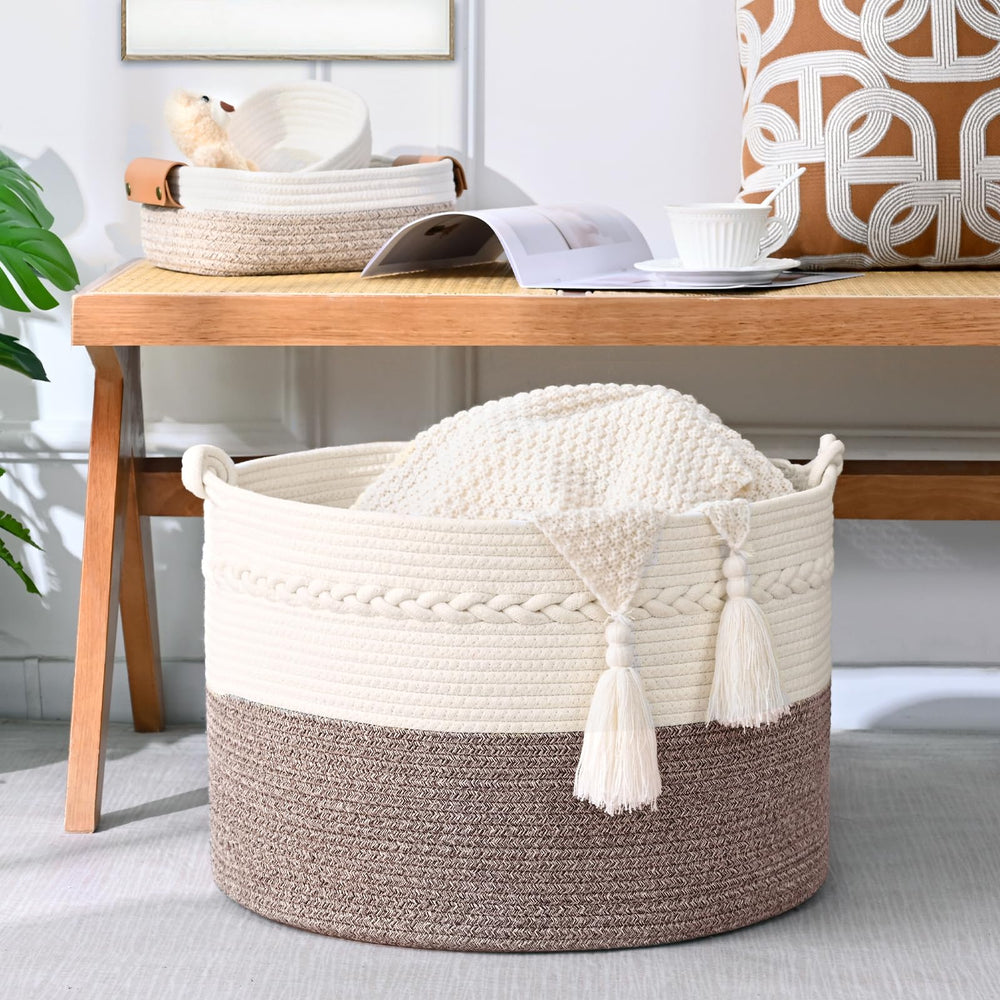 Degeyoyo 67L blanket basket in living room with neutral decor.