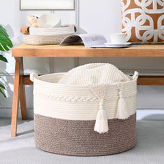 Degeyoyo 67L blanket basket in living room with neutral decor.