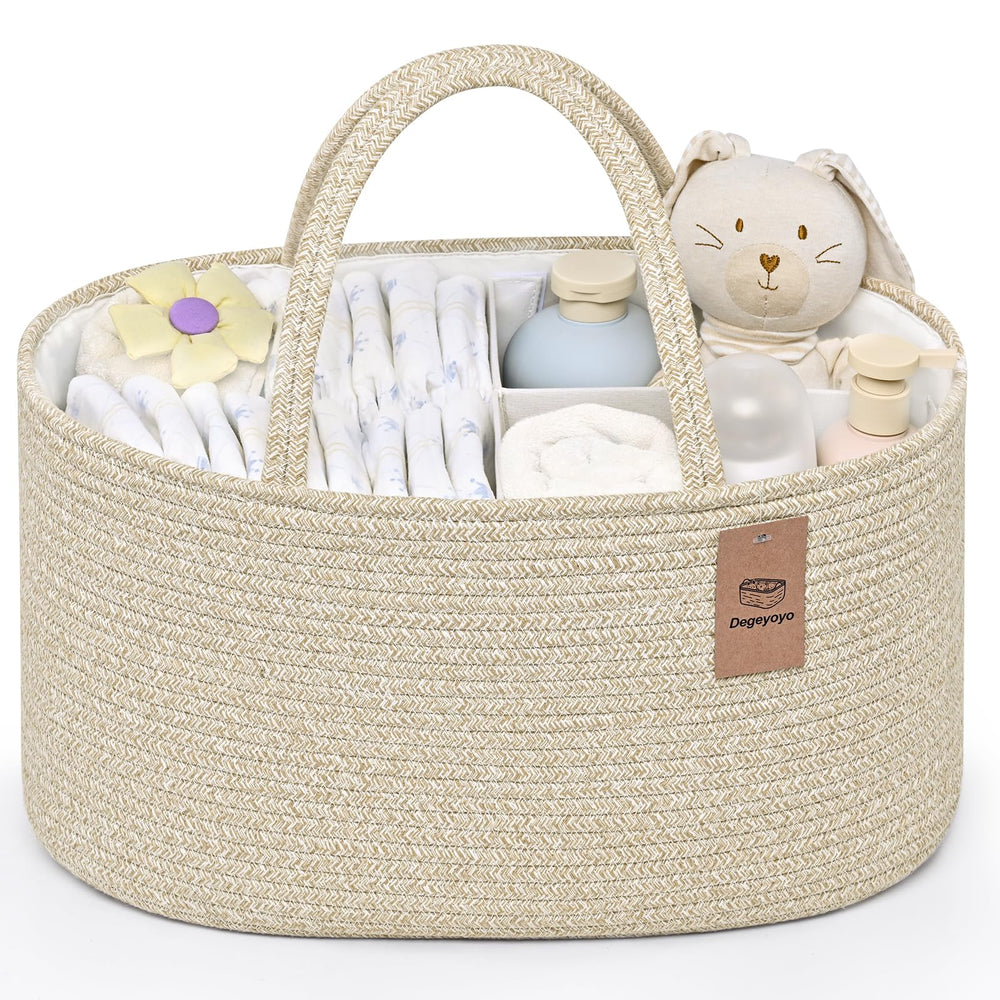 Degeyoyo baby diaper caddy organizer showing wide storage for bottles and diapers, great for quick diaper changes.