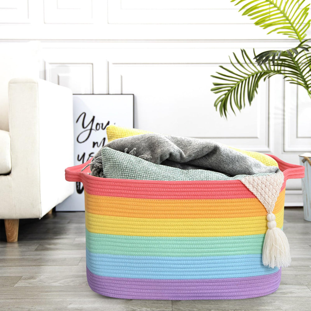Degeyoyo blanket basket filled with blankets, showcasing organized living space