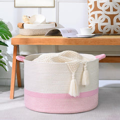 Degeyoyo blanket basket in living room blends neutral decor with practical storage.