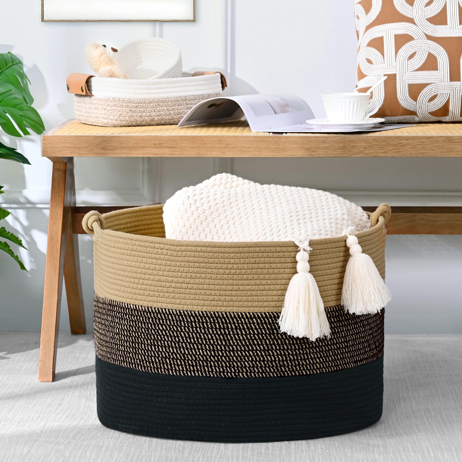 Degeyoyo 67L basket in living room scene, blends neutral brown and black tones.