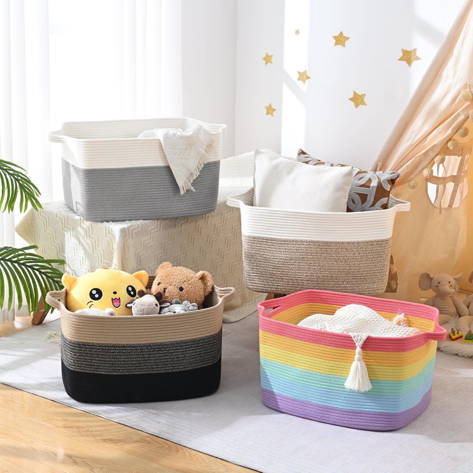 Degeyoyo nursery setup uses basket for toys and blankets.