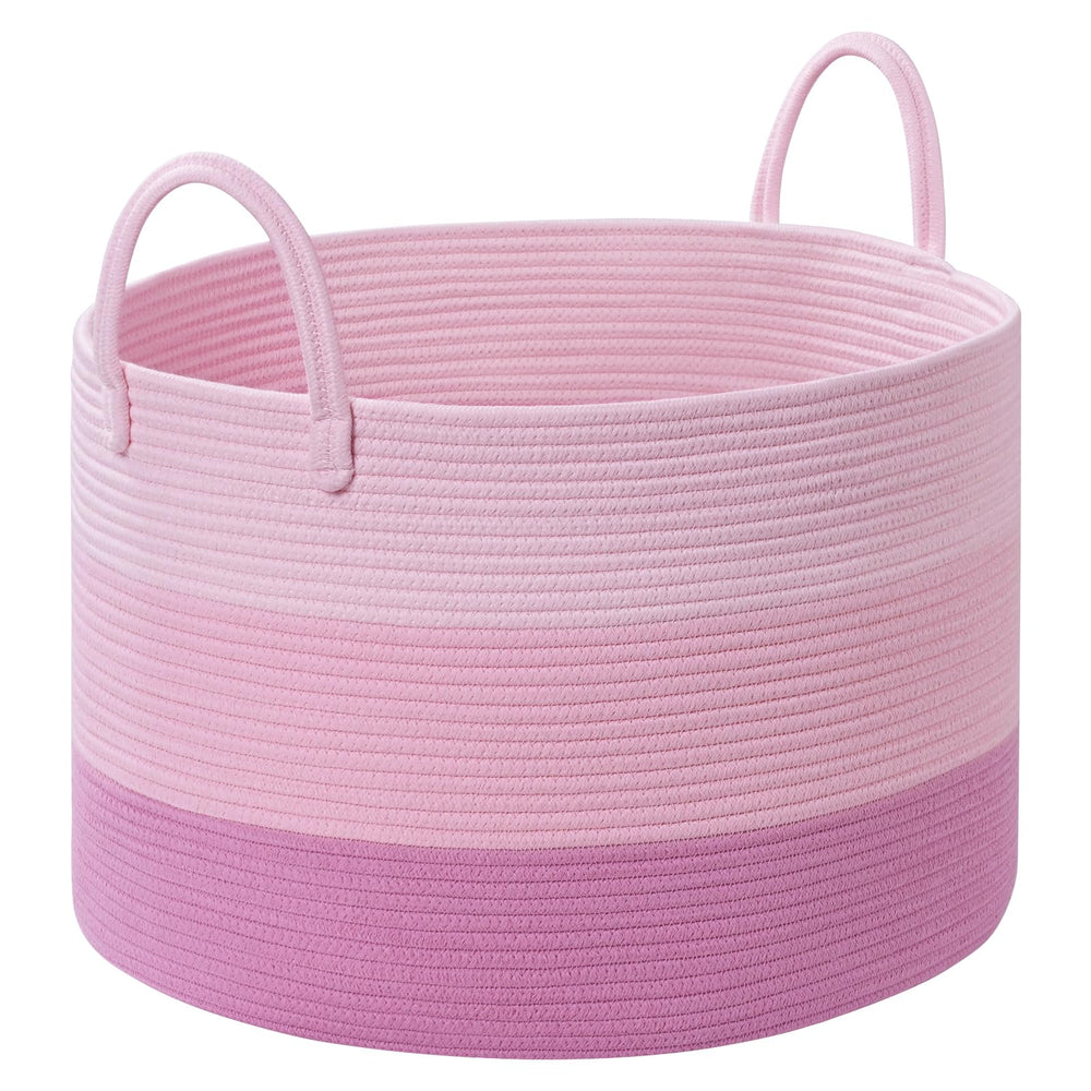 Degeyoyo blanket basket round front view in soft pink for organized living room storage.