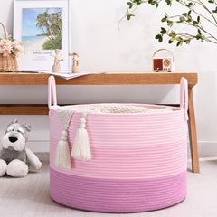 Degeyoyo blanket basket round side view highlighting reinforced handles for easy hauling.