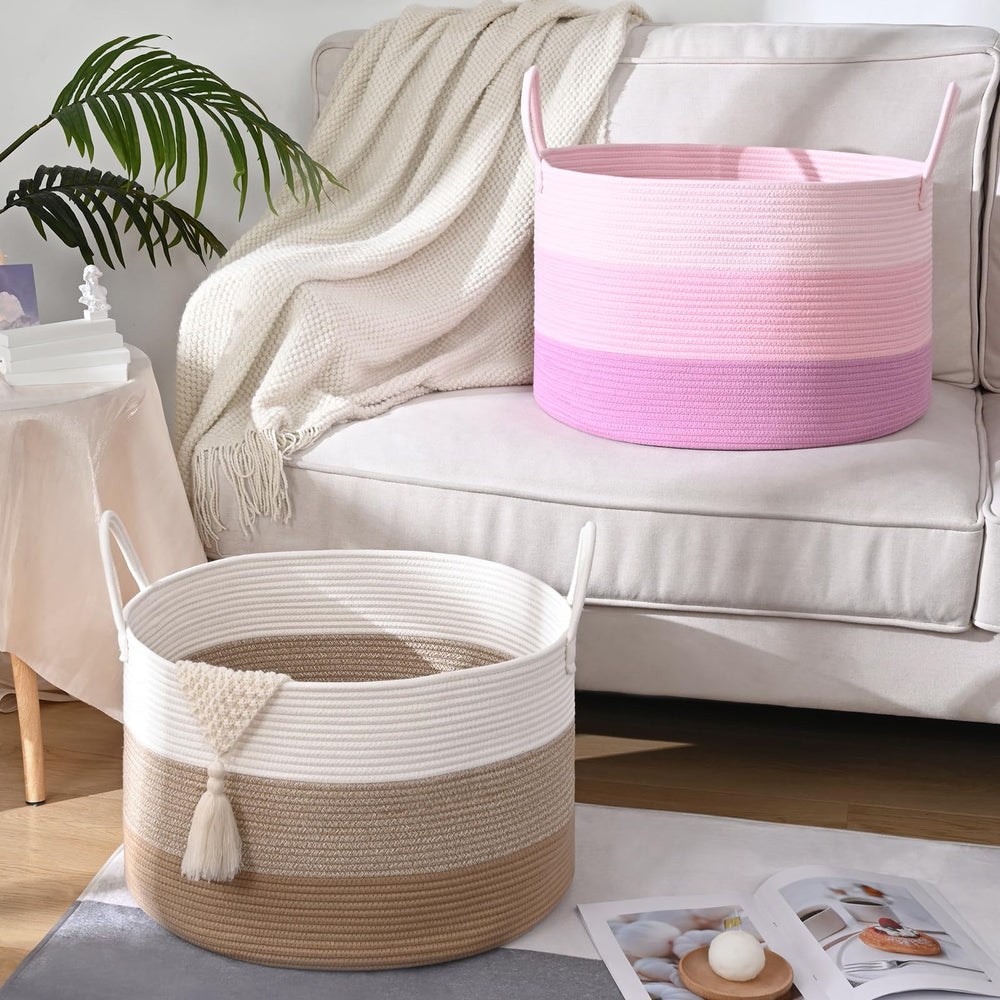 Degeyoyo blanket basket soft pink cotton rope texture enhances cozy nursery decor.