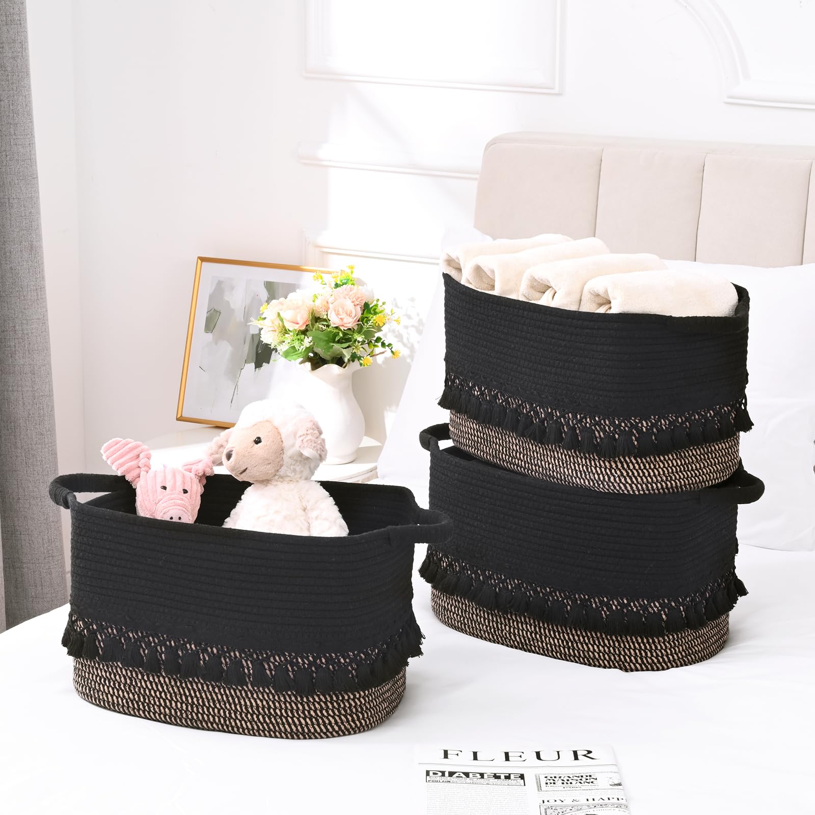 Degeyoyo boho cotton rope basket in nursery colors tidying toys and clothes