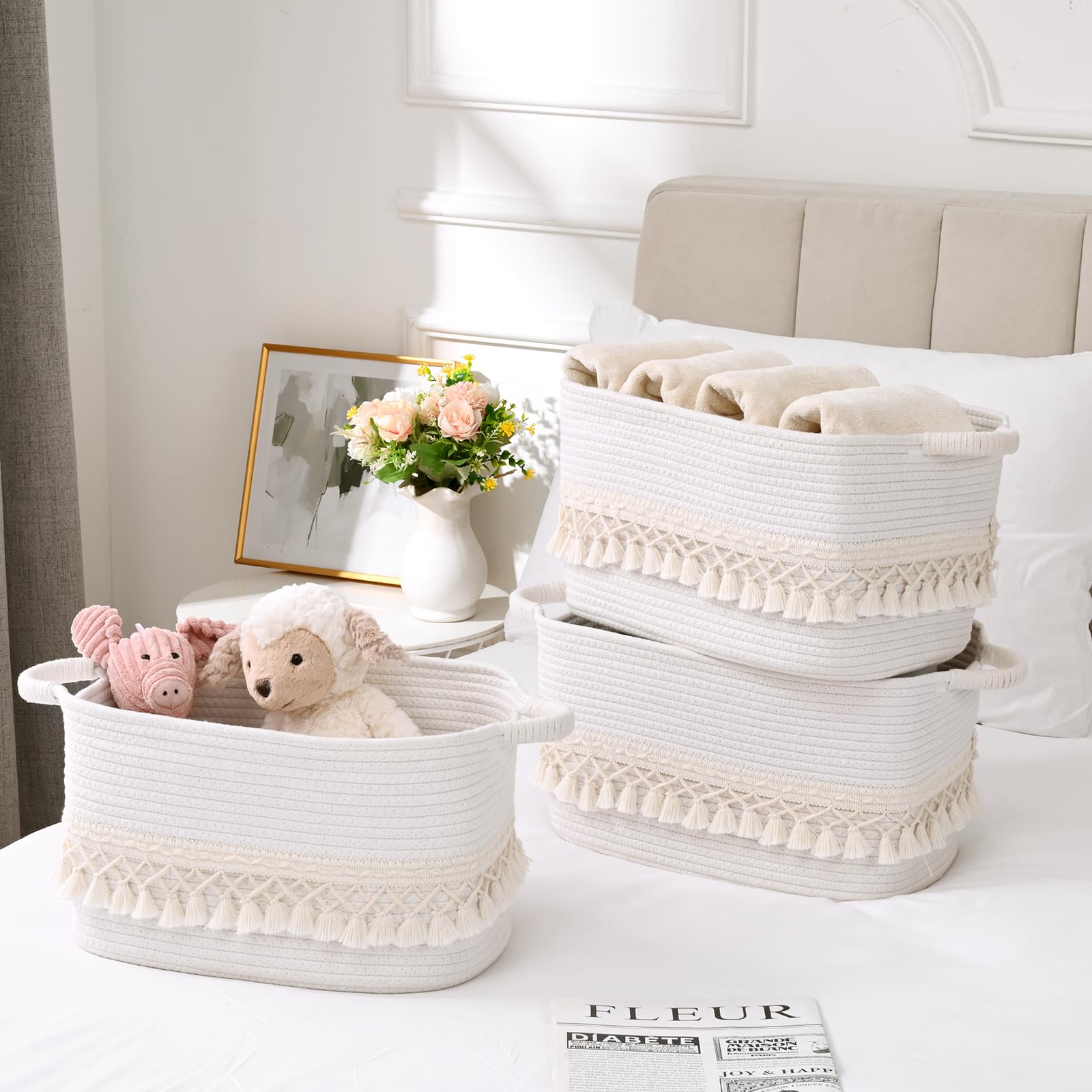 Degeyoyo boho cotton rope basket tassel adds chic organization on shelves.