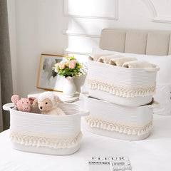 Degeyoyo boho cotton rope basket tassel adds chic organization on shelves.
