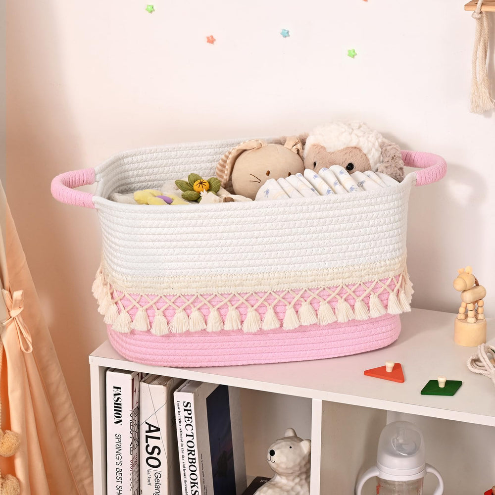Degeyoyo color block boho basket adds decorative organization.