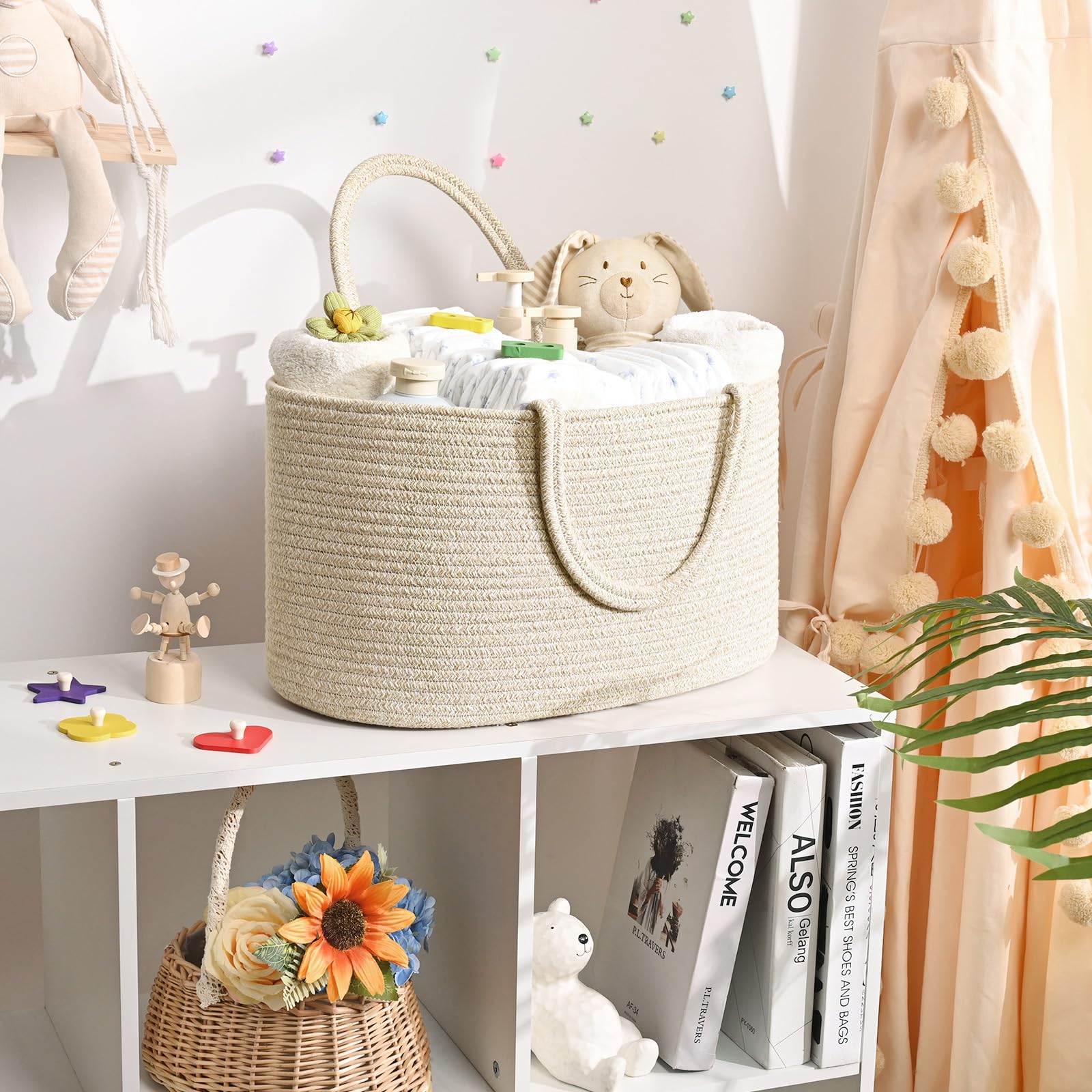 Degeyoyo cotton rope baby storage basket with durable handles for easy room-to-room transport.