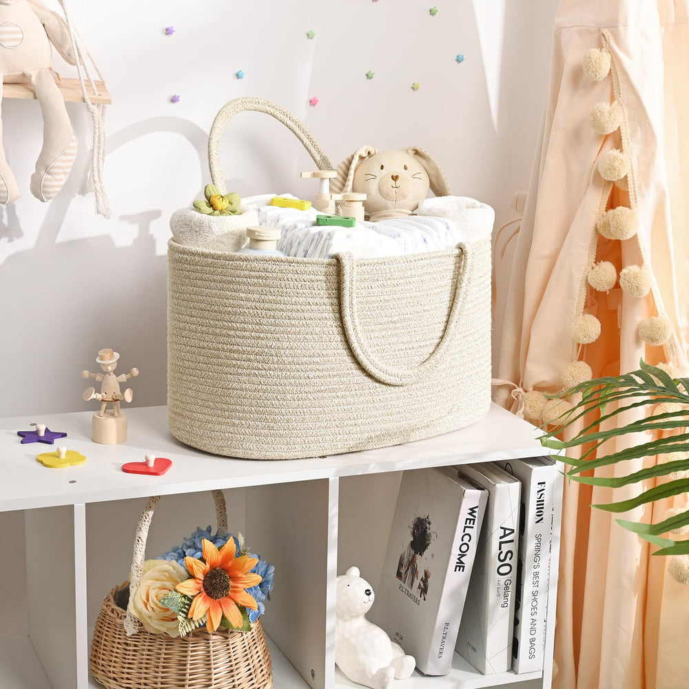 Degeyoyo cotton rope baby storage basket with durable handles for easy room-to-room transport.