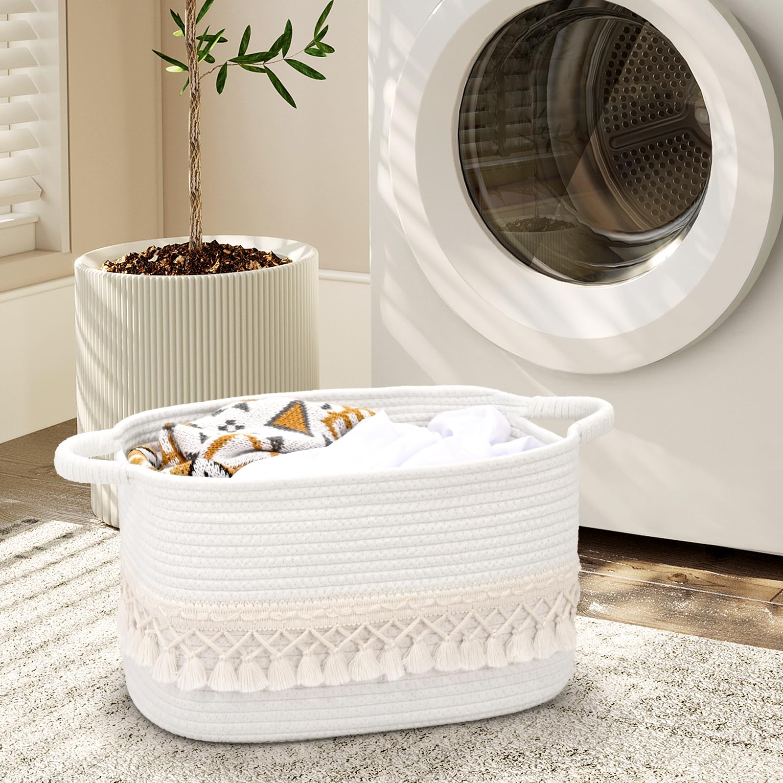 Degeyoyo cotton rope basket with handles for quick transport and organization.