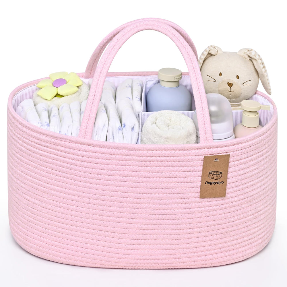 Degeyoyo diaper caddy in nursery organizes bottles, diapers, and wipes for easy access.