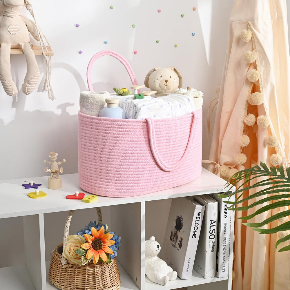 Degeyoyo diaper caddy portable handles enable room-to-room use during diaper changes.