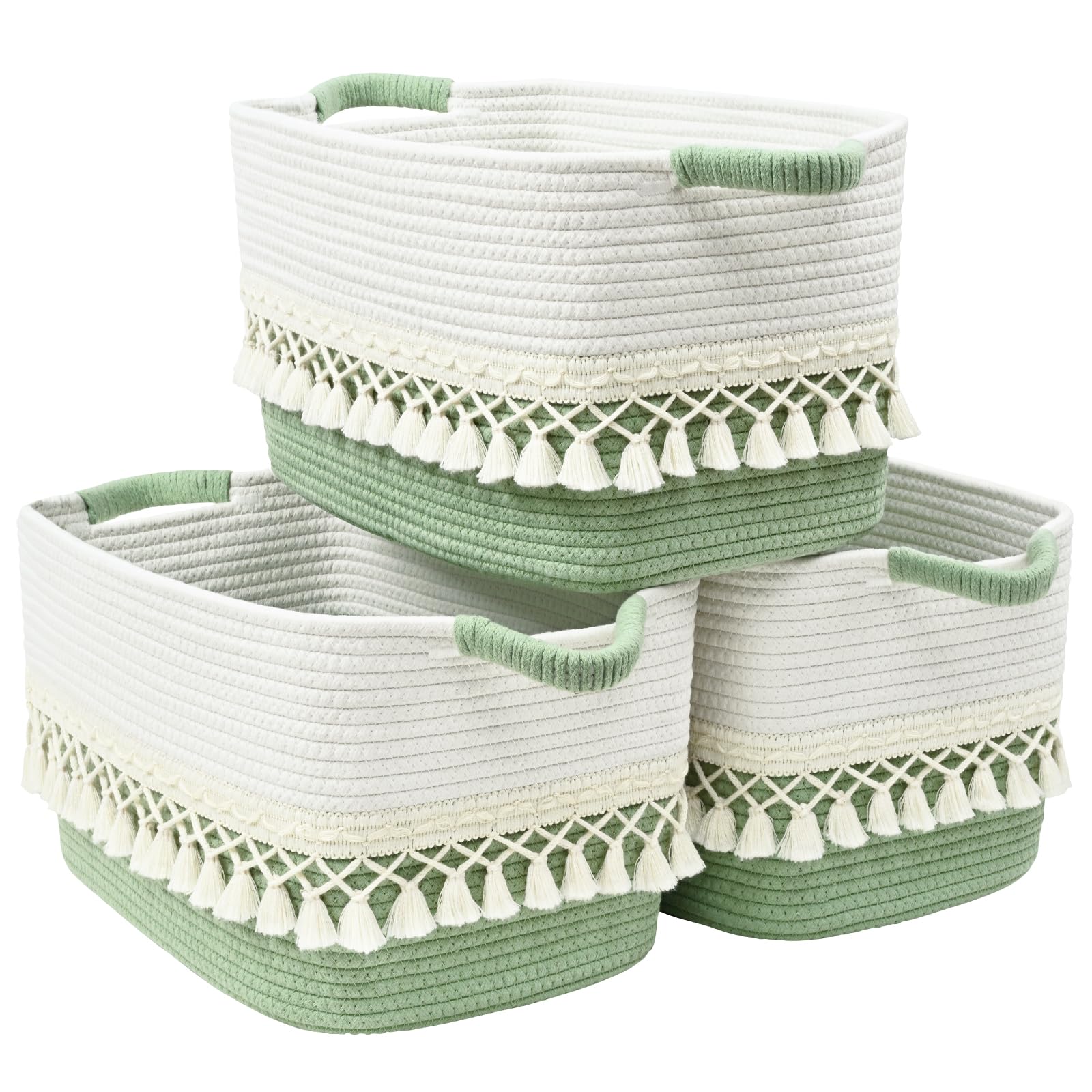 Degeyoyo heavy tassel basket in white and green ideal for nursery organization