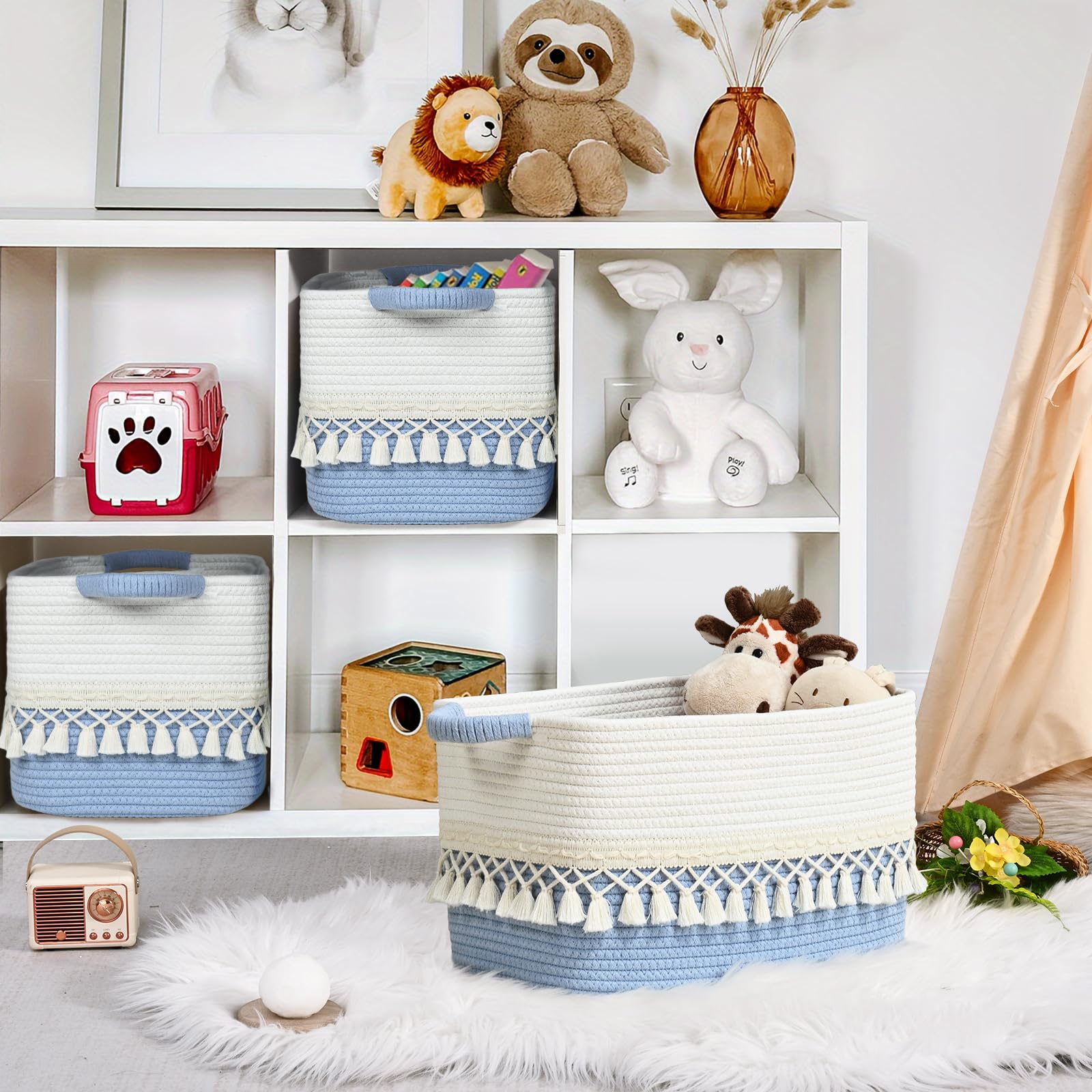 Degeyoyo large woven bin on a shelf supports organized cube shelving.