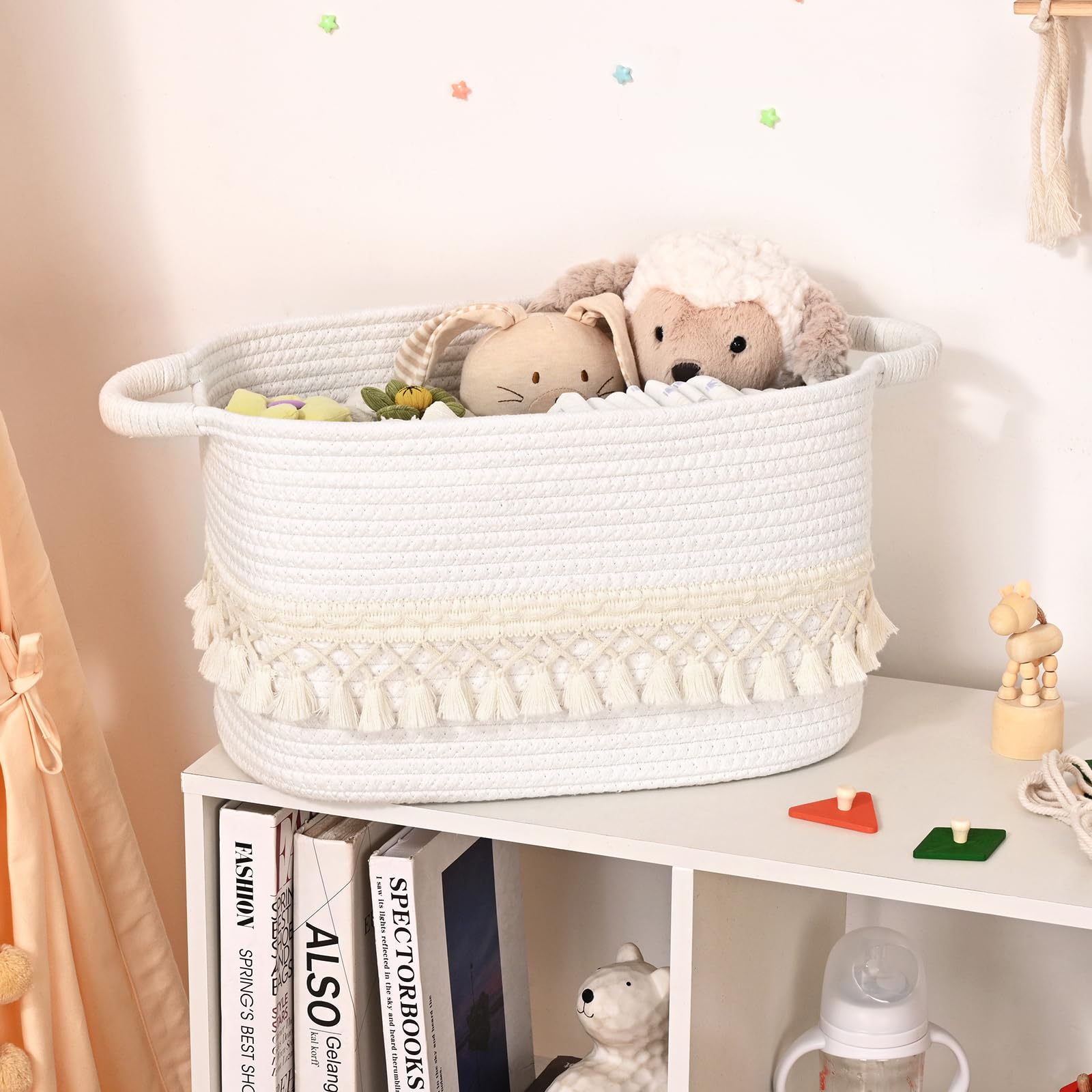 Degeyoyo nursery organizer basket keeps baby clothes and diapers tidy.