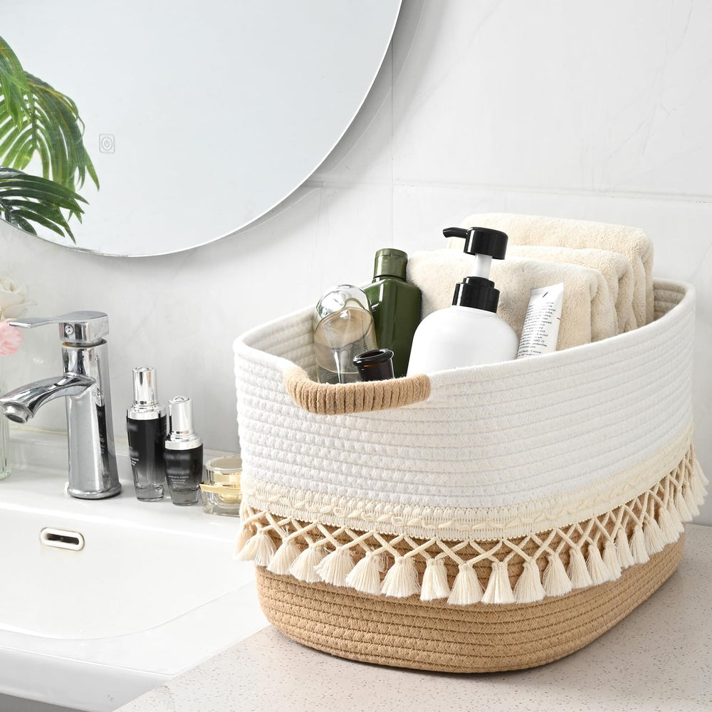 Degeyoyo pet toy storage bin contains clutter while adding warm texture to the room