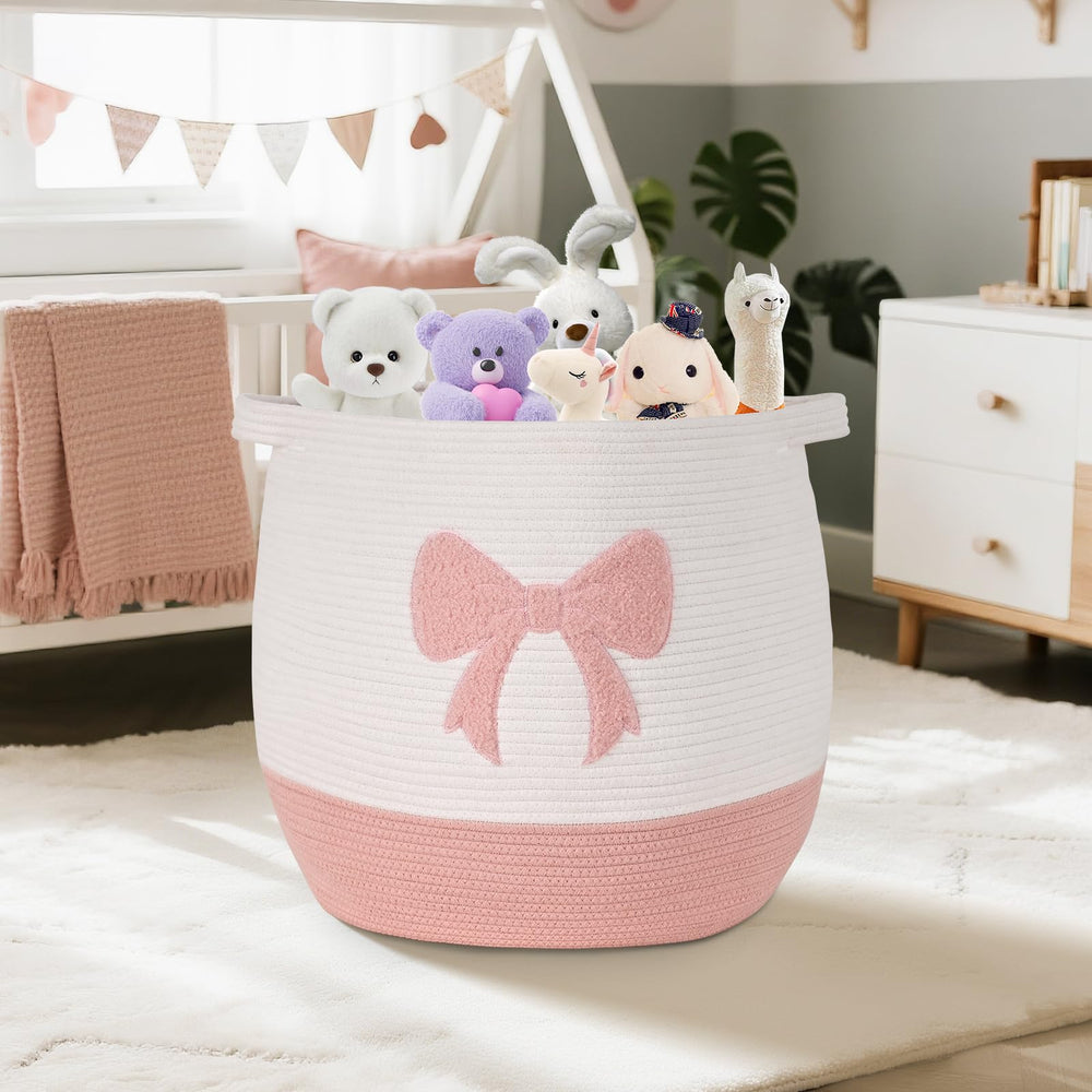 Degeyoyo pink laundry basket as multi-use organizer for toys and blankets.