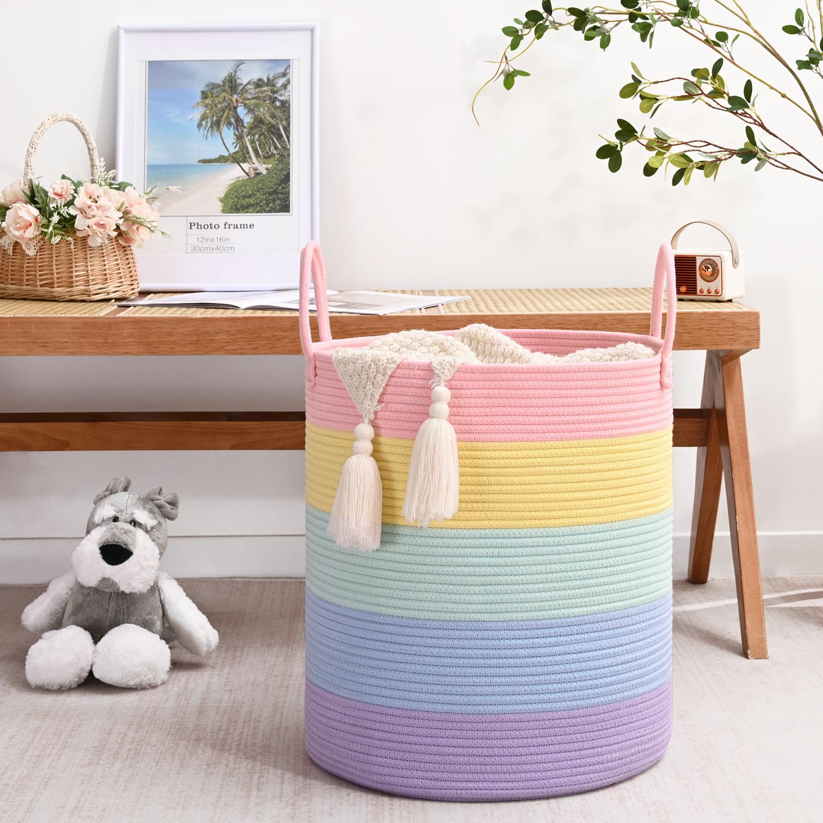 Degeyoyo rainbow storage basket in living room decor, soft texture complements modern interiors.