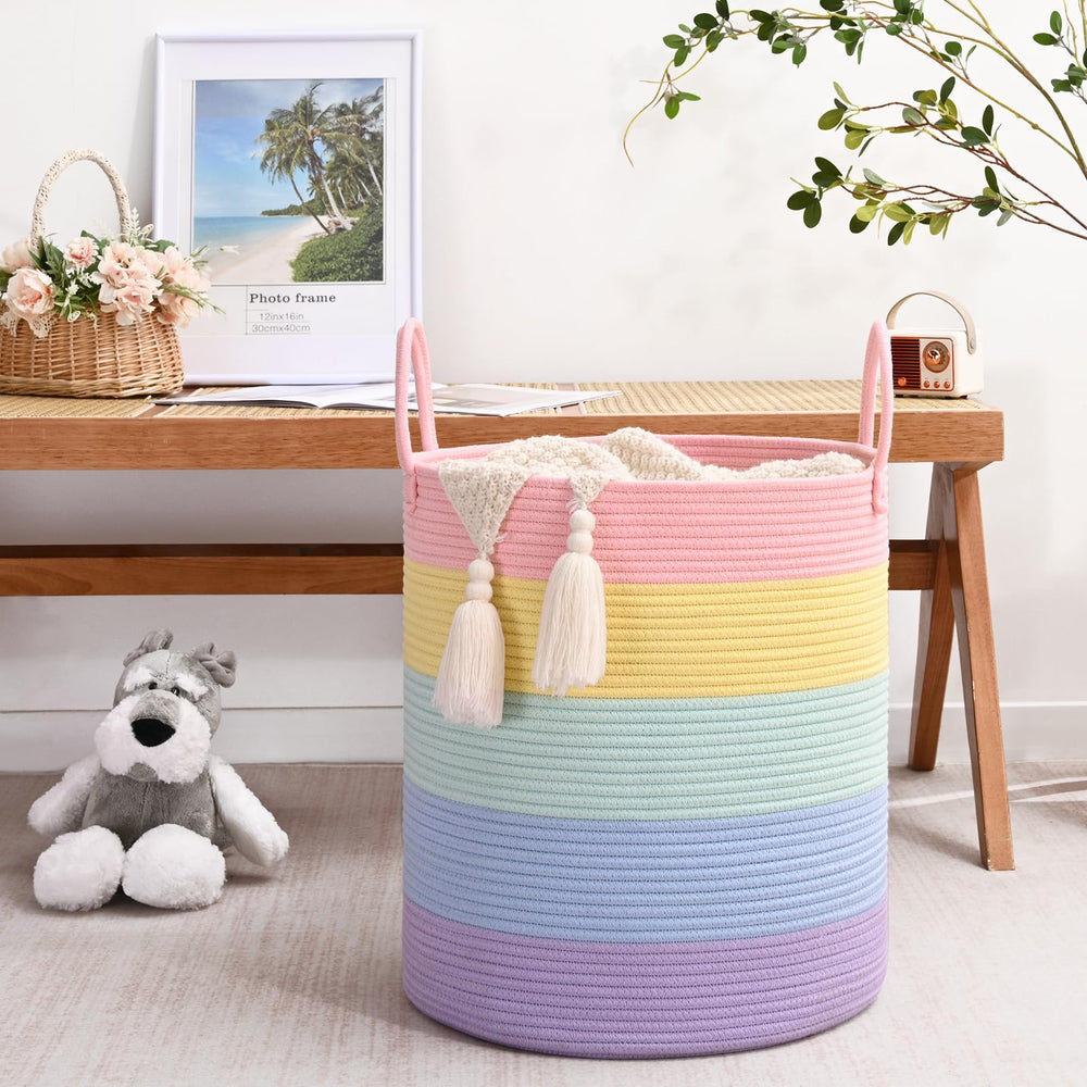 Degeyoyo rainbow storage basket in living room decor, soft texture complements modern interiors.