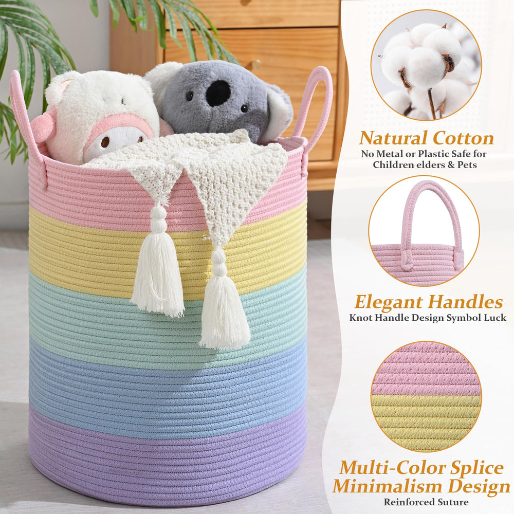 Degeyoyo rainbow storage basket in nursery, safe cotton rope for baby items.