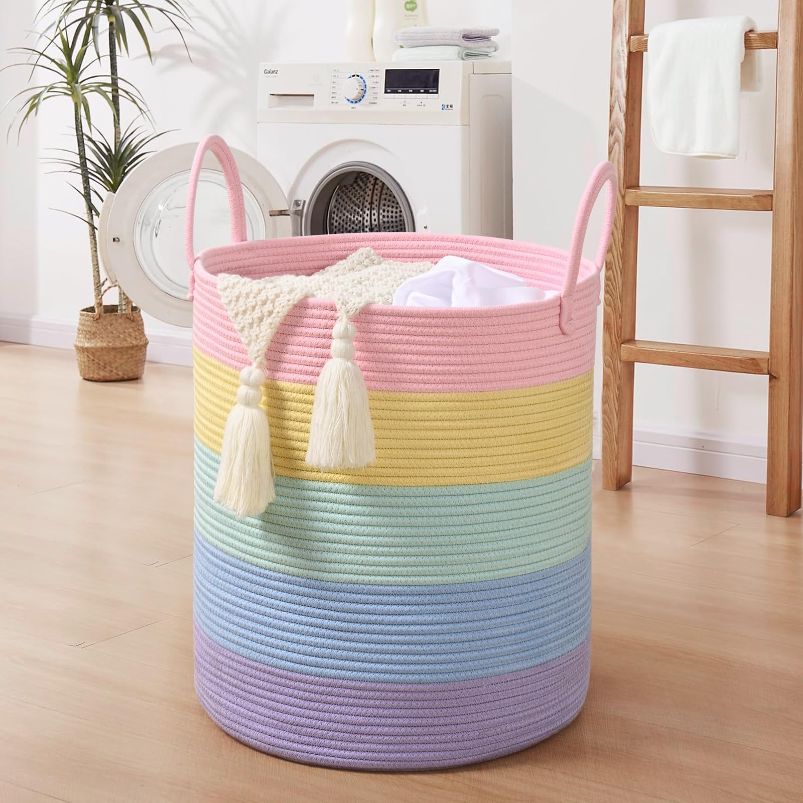 Degeyoyo rainbow storage basket reinforced handles, up to heavy laundry and blankets.