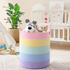Degeyoyo rainbow storage basket side view, durable cotton rope design for organized living spaces.