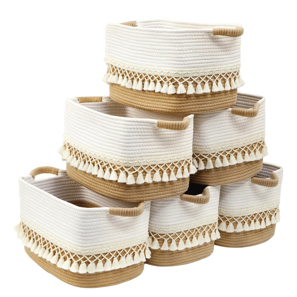 Degeyoyo six-pack storage basket close-up shows tassel detail for stylish shelf organization