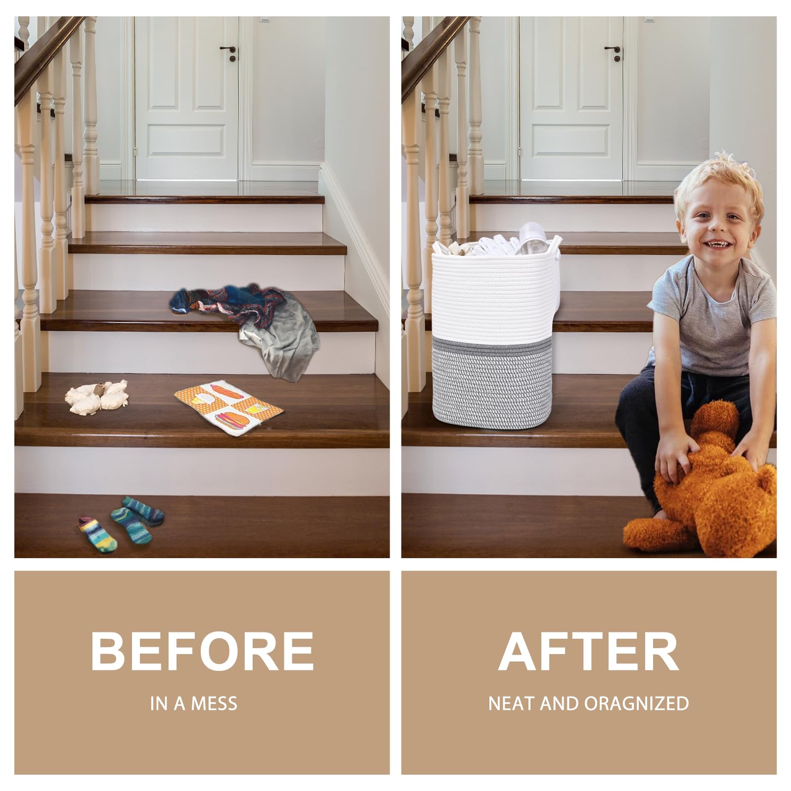 Degeyoyo stair basket used to hold toys and towels for easy access