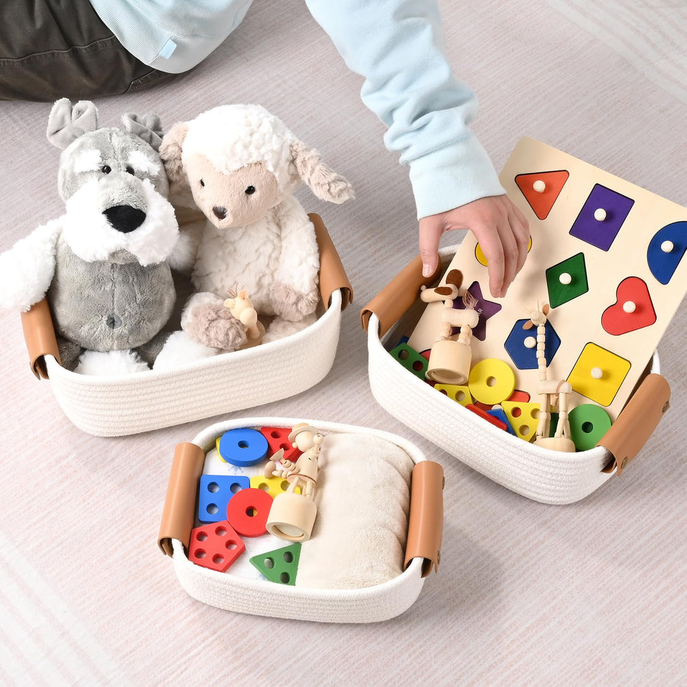 Degeyoyo storage baskets set6 leather handles provide durable grip for heavier items.