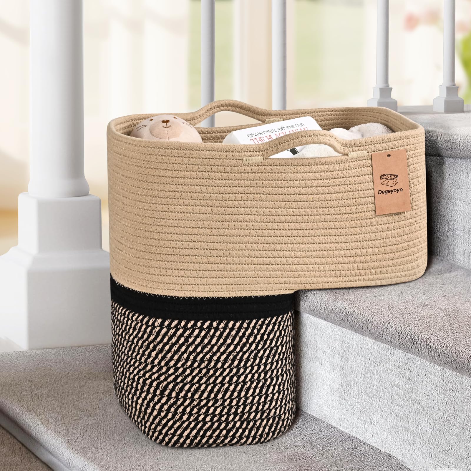 Degeyoyo woven stair basket front view, ideal for neatly storing toys on stairs.