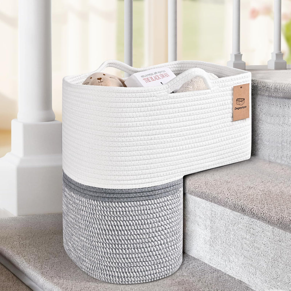 Degeyoyo woven stair basket in full view on stairs showing large-capacity storage