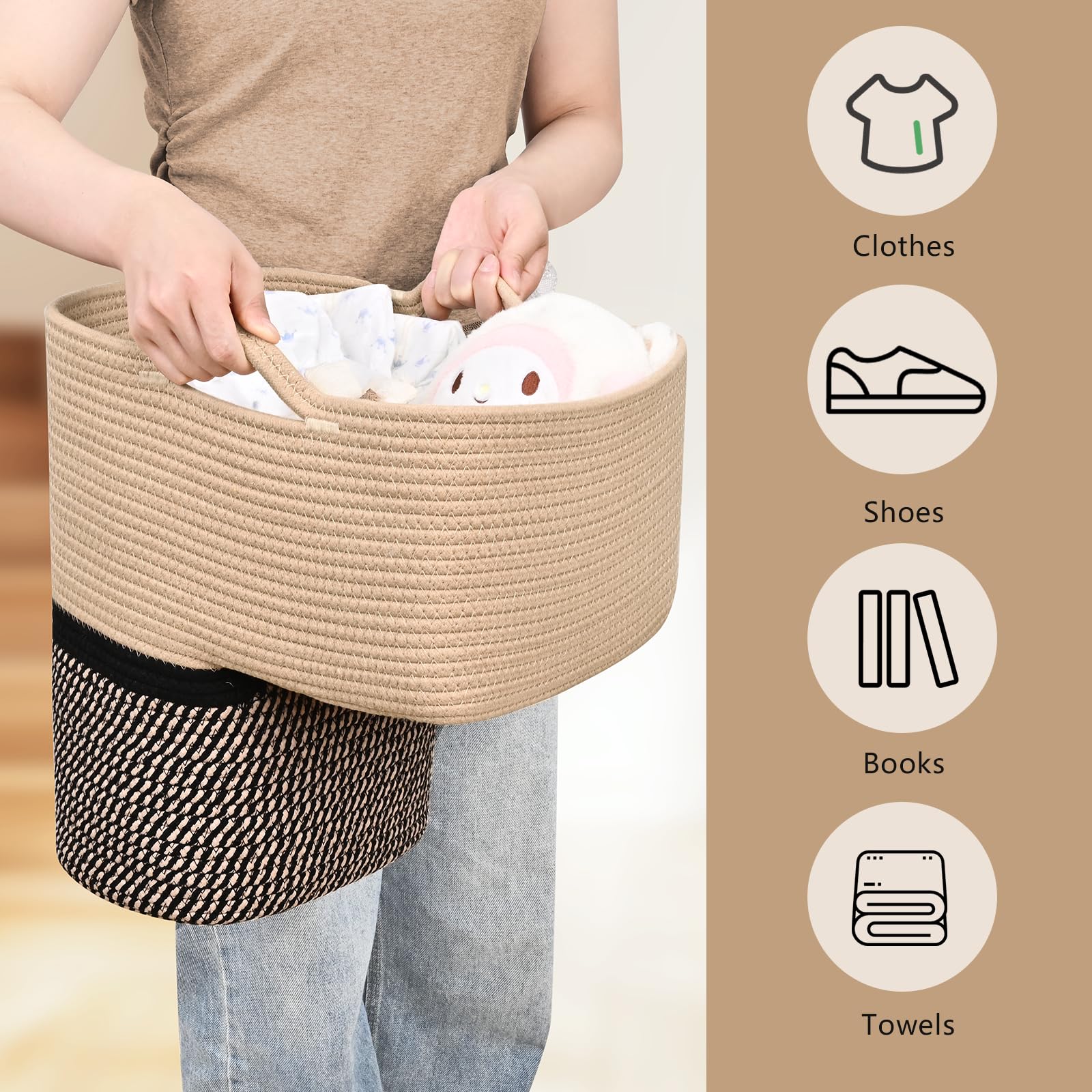 Degeyoyo woven stair basket on carpeted stairs keeps steps clutter-free.