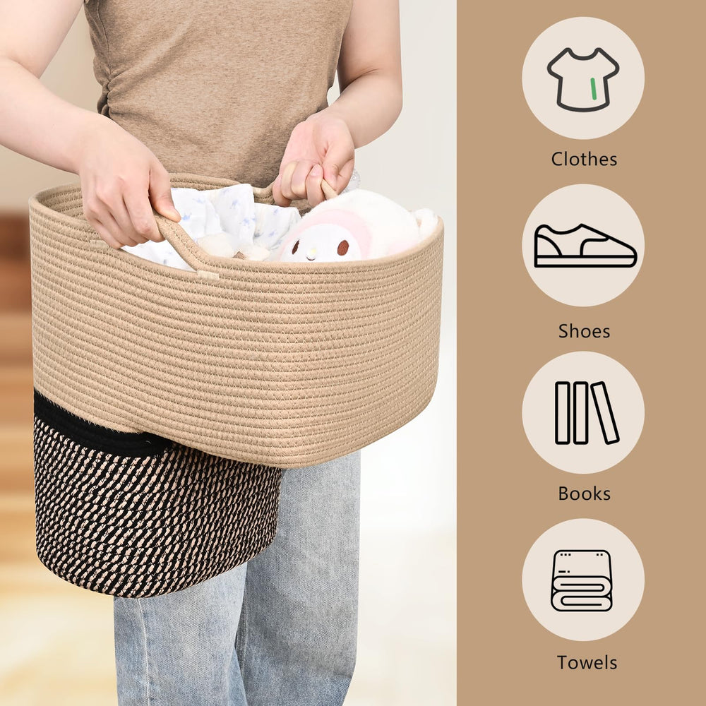 Degeyoyo woven stair basket on carpeted stairs keeps steps clutter-free.