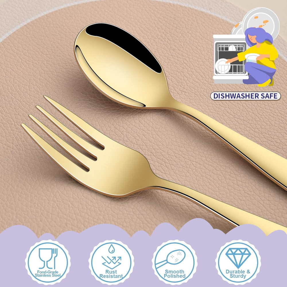 DEHOV Gold toddler utensils set 18-0 stainless steel highlights rust resistance for daily use.