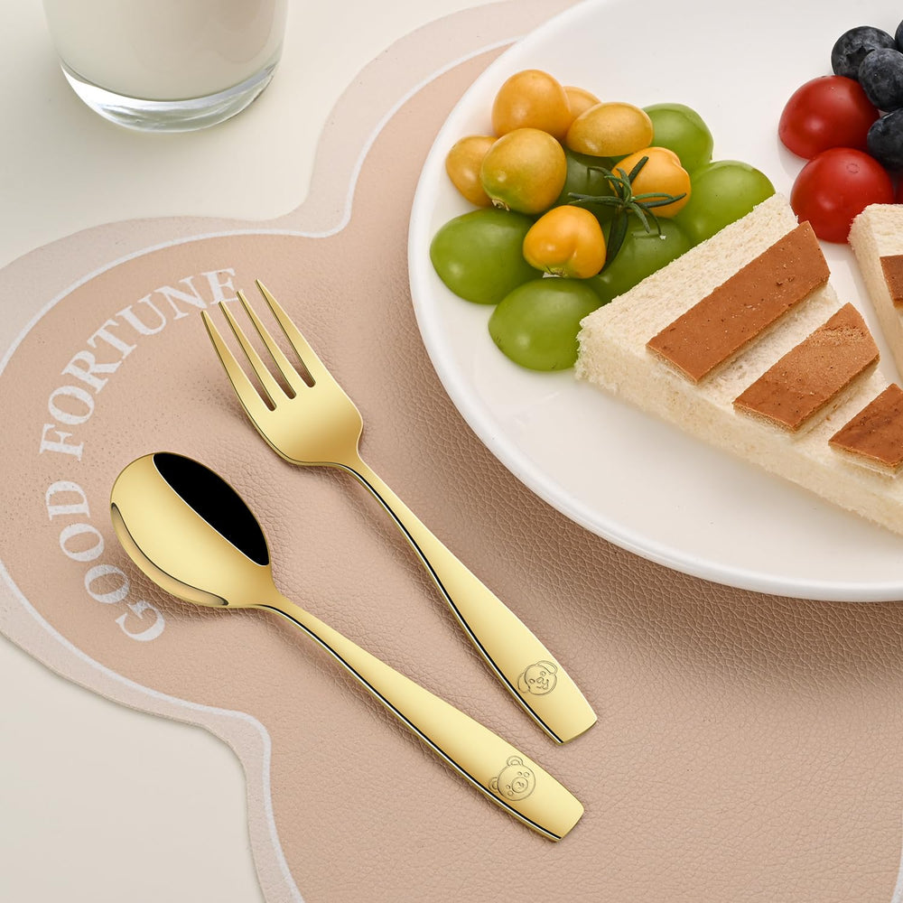 DEHOV Gold toddler utensils set animal-pattern engravings add playful mealtime fun.