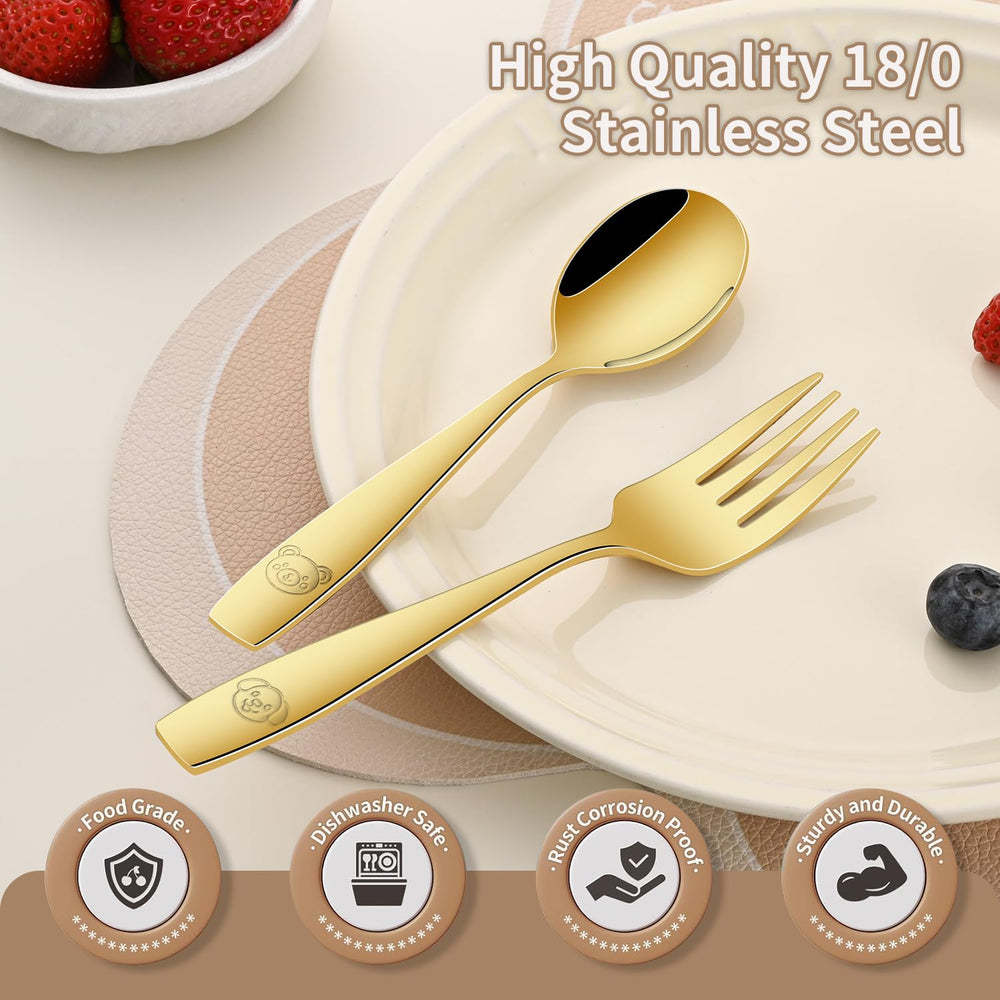 DEHOV Gold toddler utensils set dishwasher-safe label emphasizes simple cleanup after meals.