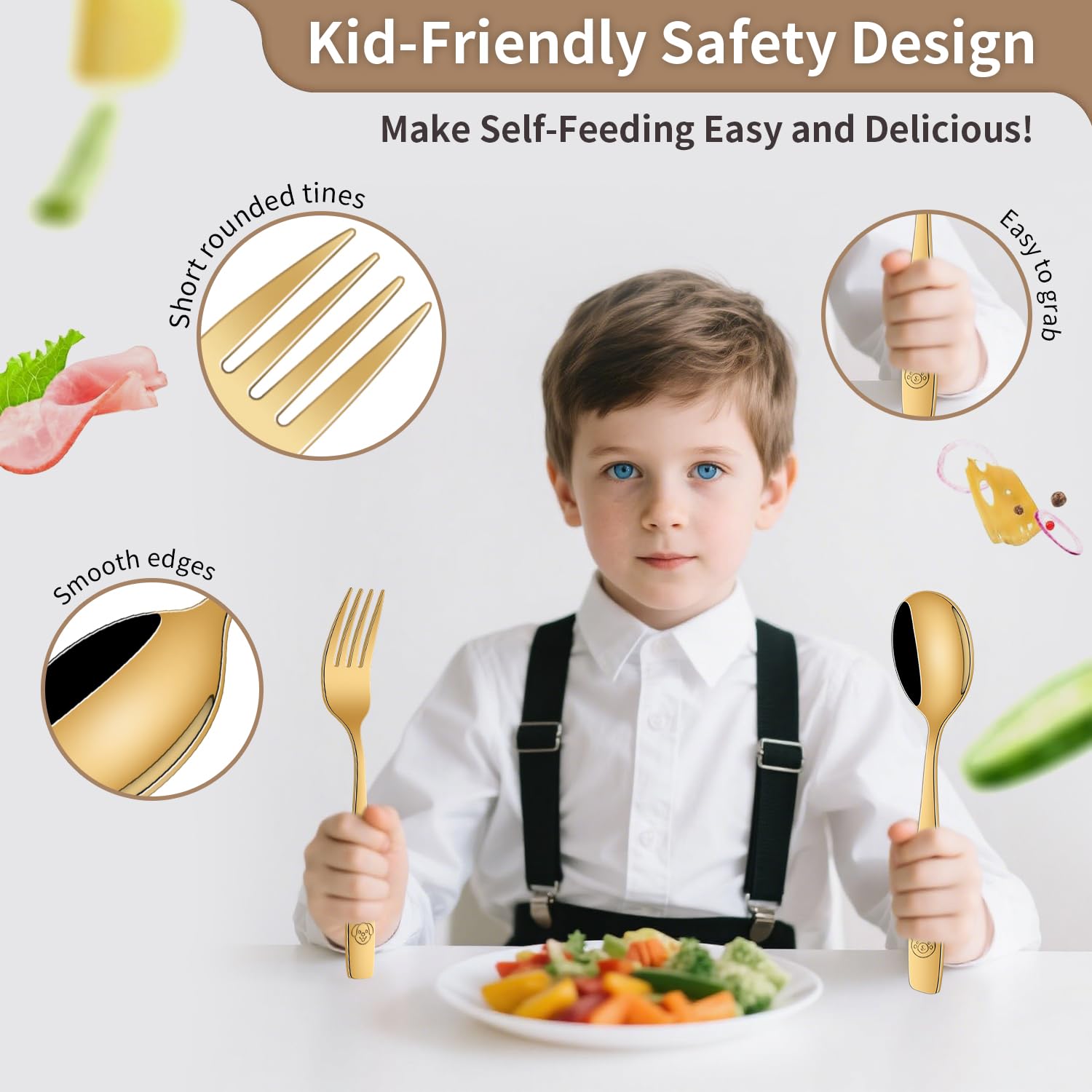 DEHOV Gold toddler utensils set forks shown for small hands and safe feeding.