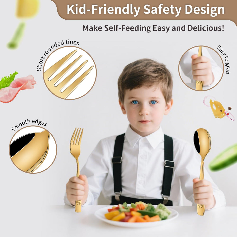 DEHOV Gold toddler utensils set forks shown for small hands and safe feeding.