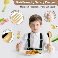 DEHOV Gold toddler utensils set forks shown for small hands and safe feeding.