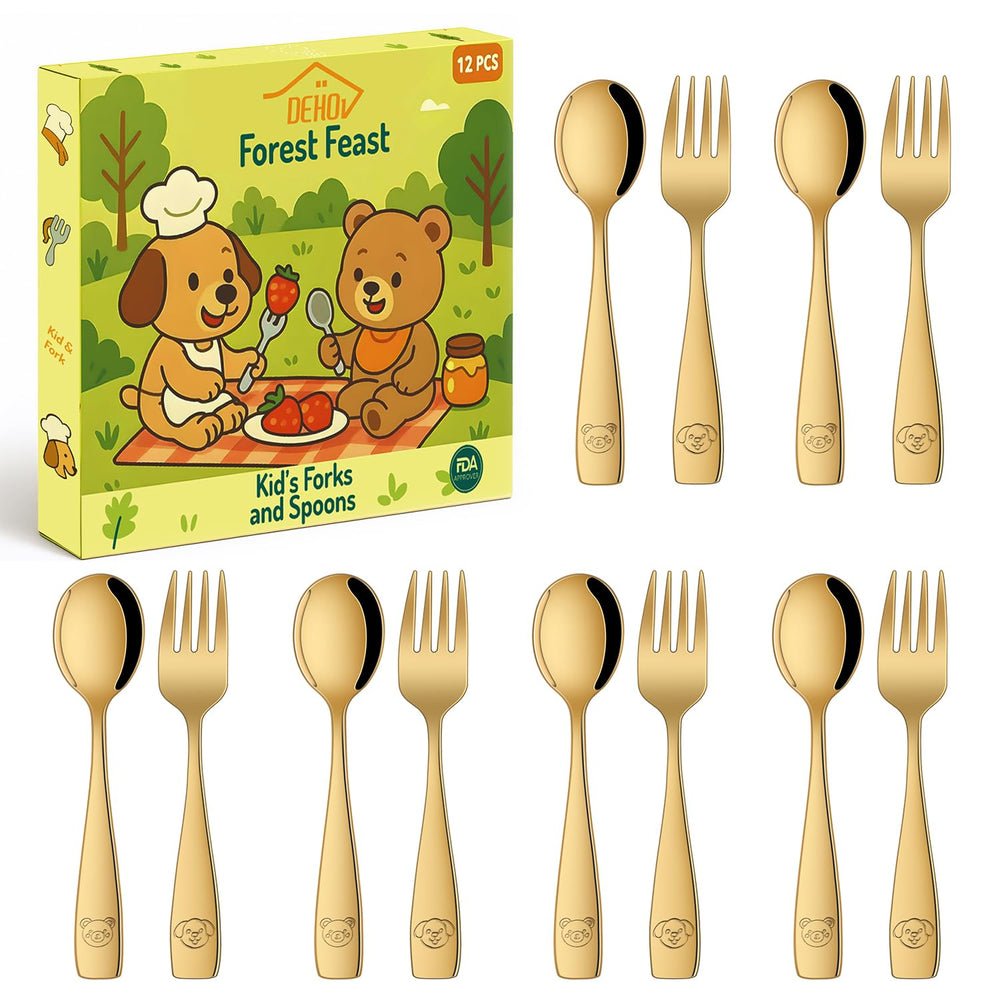 DEHOV Gold toddler utensils set packaging highlights easy storage and gifting.