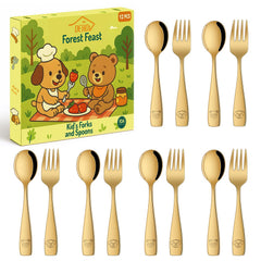 DEHOV Gold toddler utensils set packaging highlights easy storage and gifting.